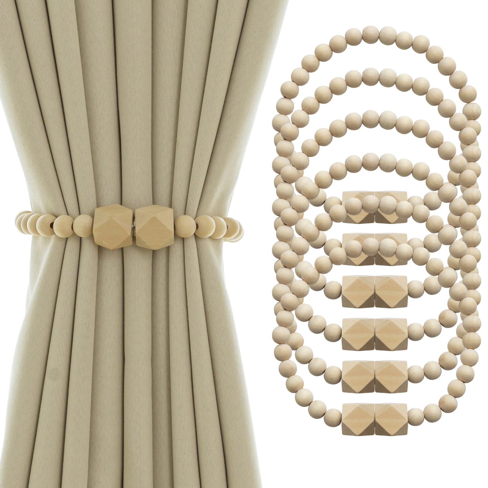 Lot de 6 embrasses magnétiques de style rustique pour rideaux de fenêtre de style bohème avec perles de bois pour décoration de chambre à coucher, bois naturel