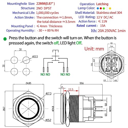Miniatura 2 de Interruptor de botón pulsador de 0.866 in 15A 12 V de bloqueo momentáneo 2NO DPST ojo de ángel LED de acero inoxidable redondo autobloqueo 78 '' con