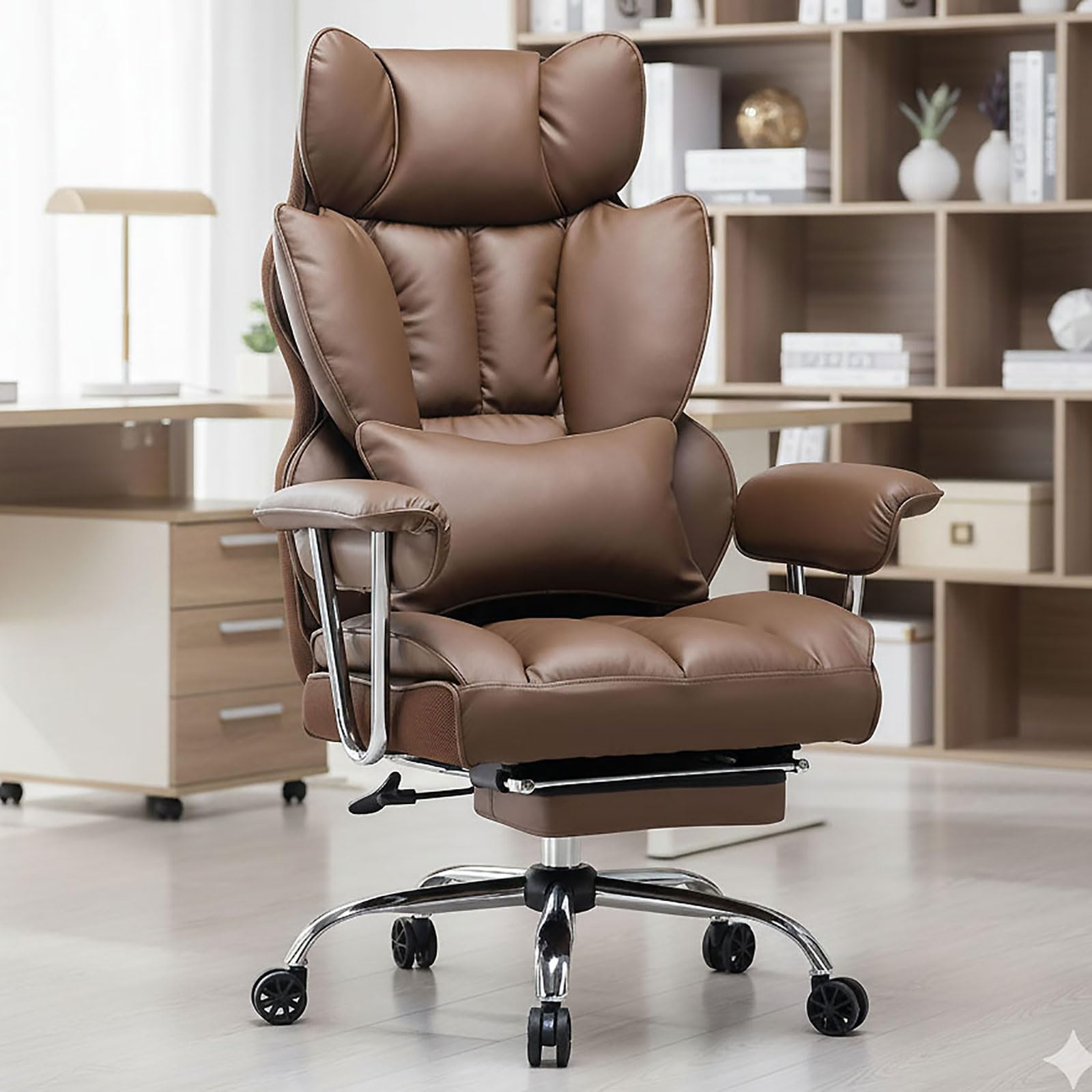 Efomao Big and Tall Office Chair 400lbs – PU Leather Executive Desk Chair with Lumbar Support & Leg Rest, Heavy-Duty Computer Chairs for Home Office, Brown