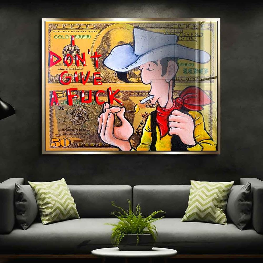 DotComCanvas Acrylglasbild Lucky Luke Dollar Geld Comic Cartoon I don't give a fuck Größe 100 X 75 CM, Farbe Ohne Rahmen