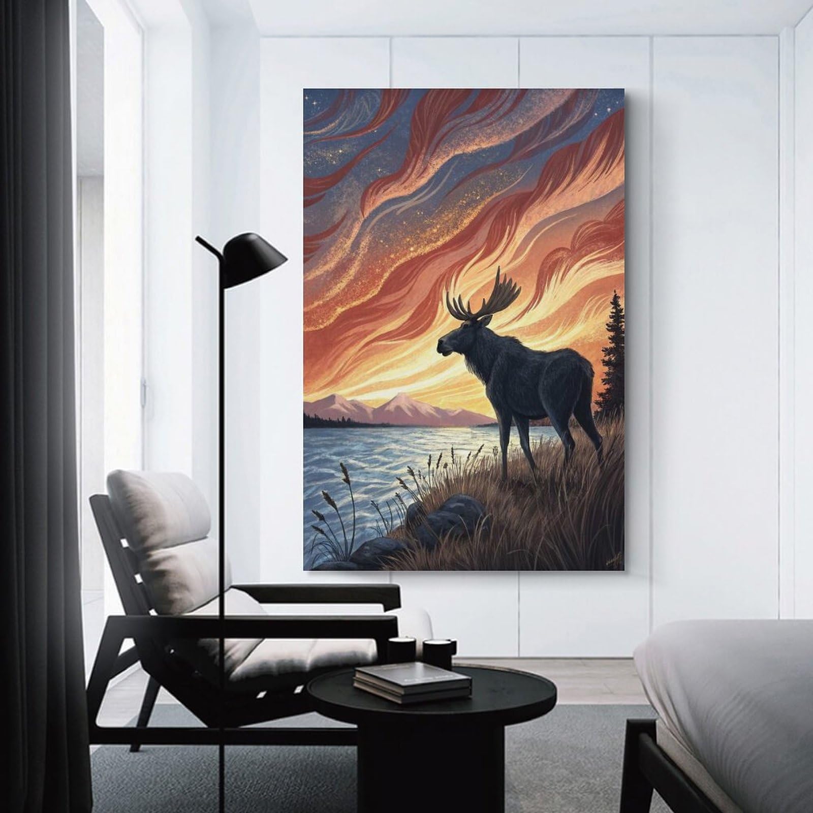 Junmoney Moose by A Lake at Sunset Hanging Wall Art, 24x36inch(60x90cm), for Bedroom, Guest Room Or Reading Nook, Home Artwork with A Soft Interior Feel