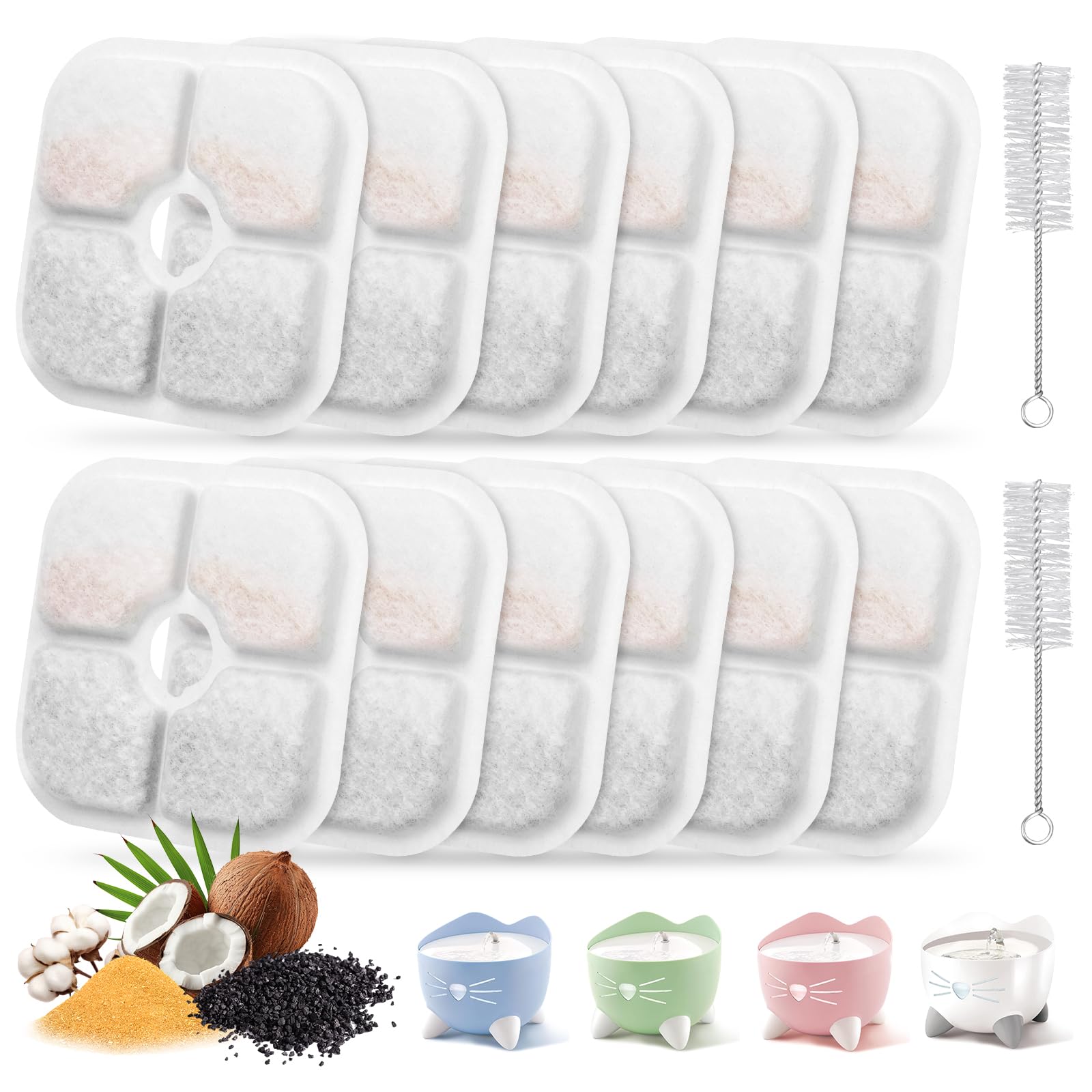 12-Pack Cat Water Fountain Replacement Filters with 2 Cleaning Brushes, Triple Filtration Inserts for Pet Drinking Fountains