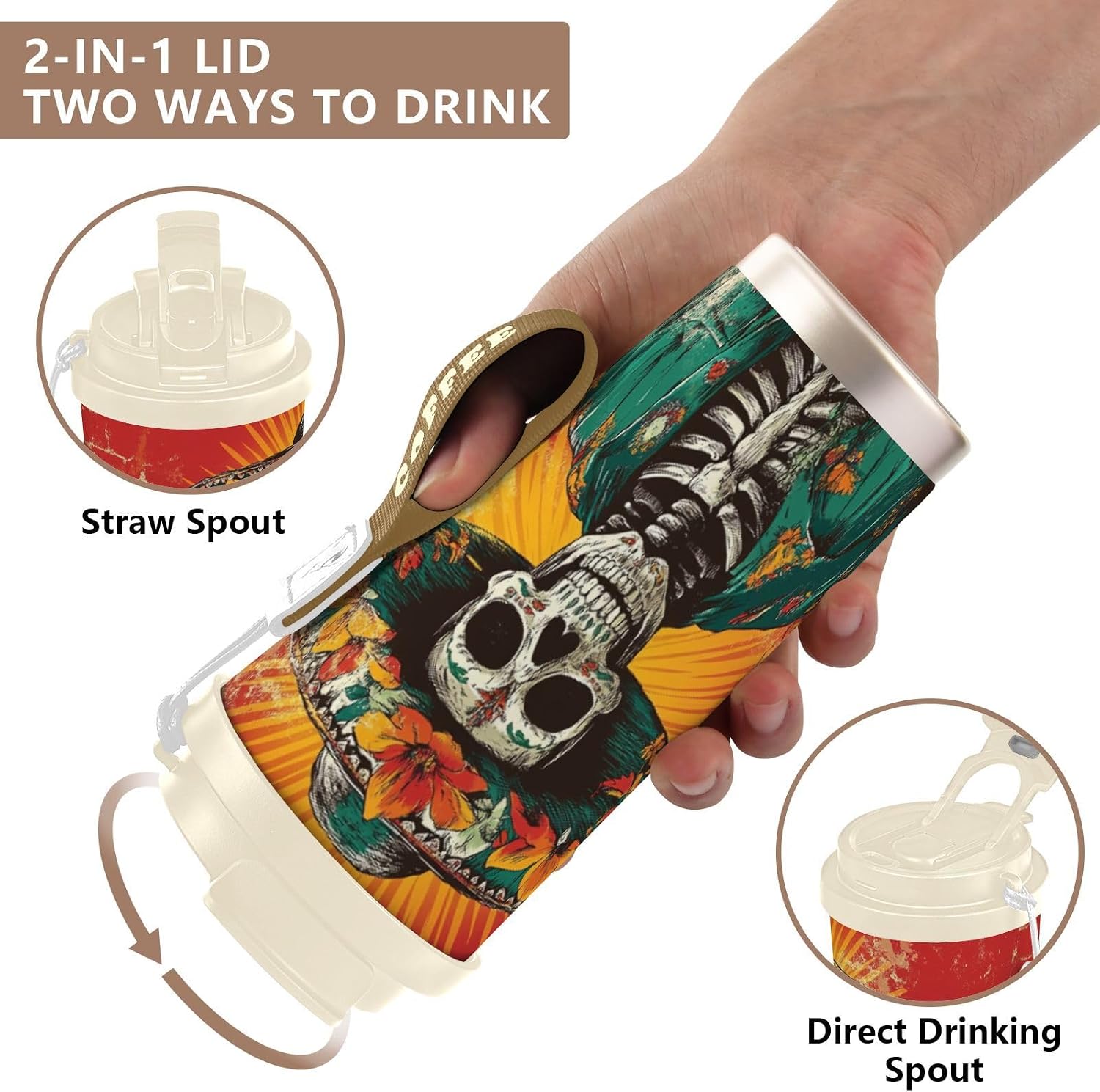 Insulated Coffee Mug Mexican Skeleton with Straw & Flip Lid, 16.9oz Iced Tumbler Cup, Double Wall Vacuum Mug for Travel Office Camping