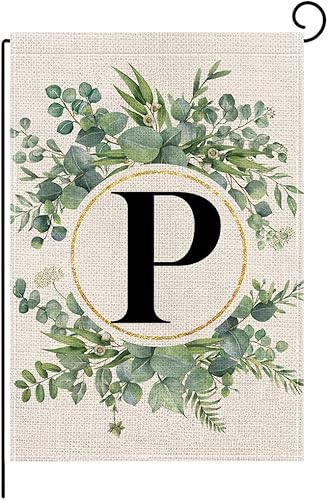 wyooxoo Bandera de jardín floral con monograma de letra P de 12 x 18 pulgadas, doble cara para exteriores, familia, apellido, inicial, para patio (P)