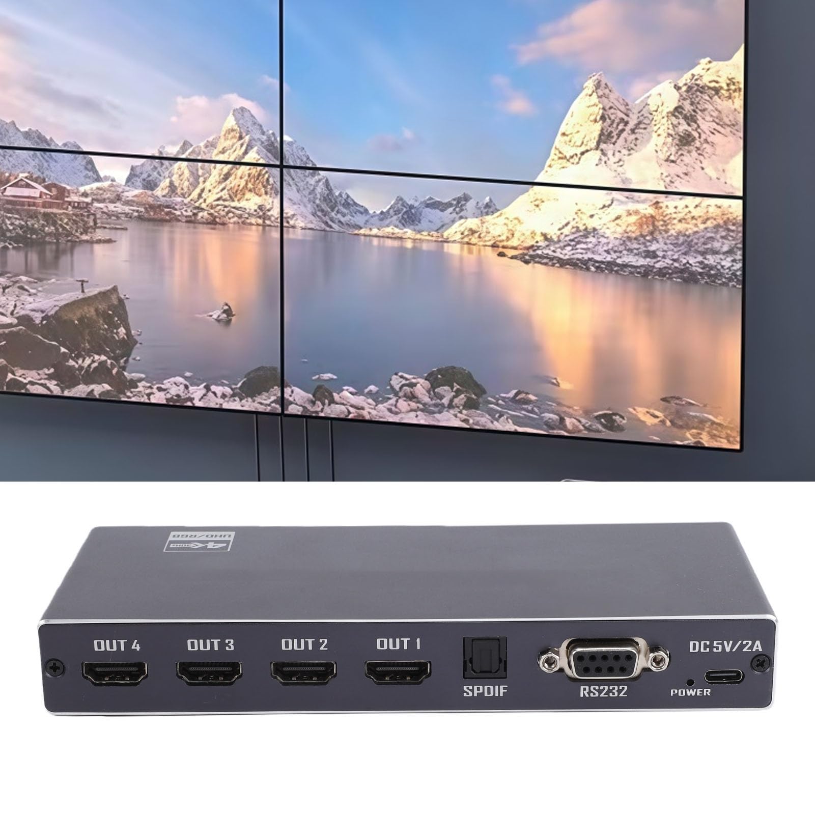 Controller per videowall 4K 2x2 con robusto design in metallo. | Controller da parete USB-C per TV, DVI multimediale HD a 30 Hz, 13 modalità di giunzione, rotazione di 90°, Plug and Play