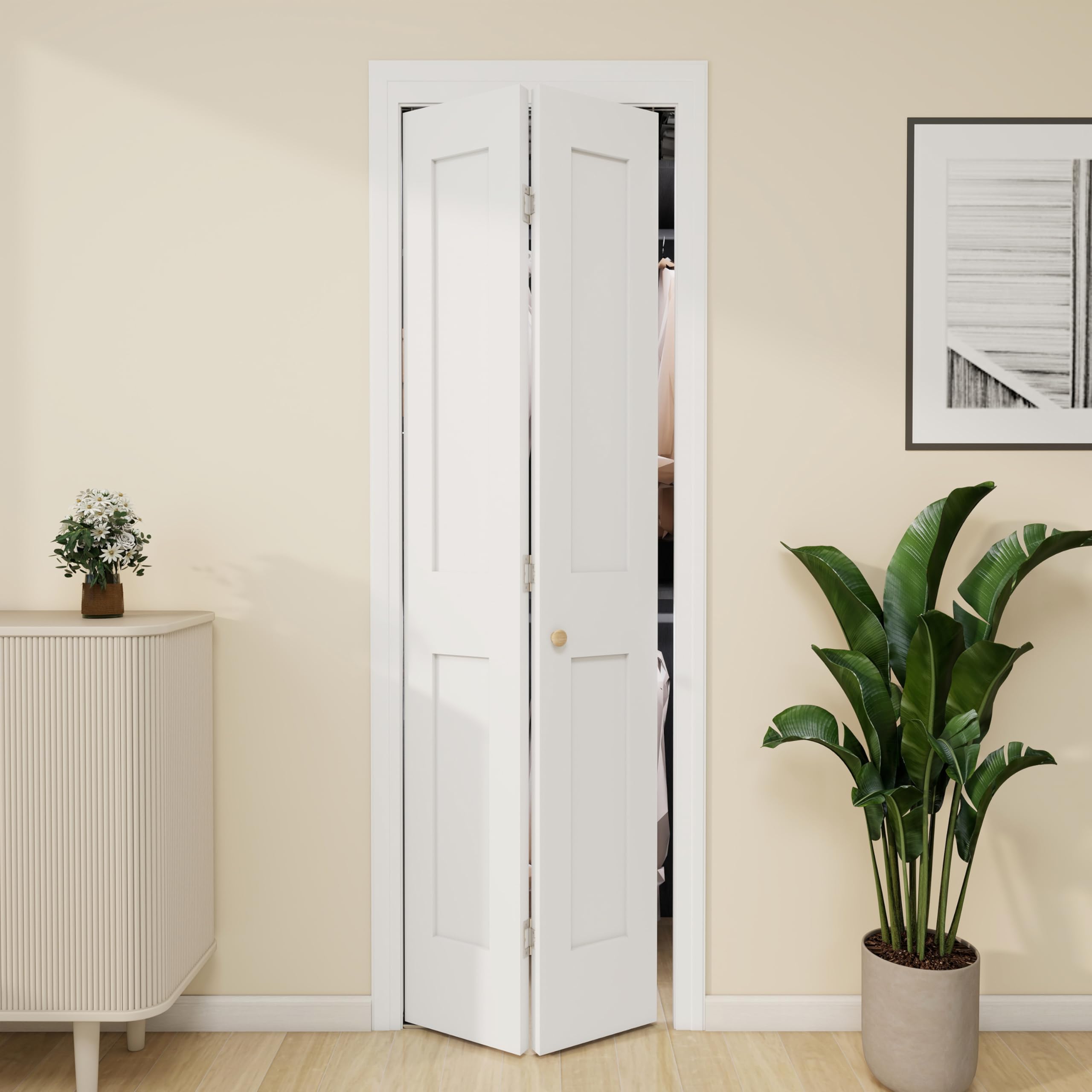 Bifold Closet Door with Hardware Kit - Solid Wood Core Pantry Folding Door, Water-Resistant Surfaces, Paintable Panels, 2-Panel White (80 in. x 24 in.) (Small damaged to door) 