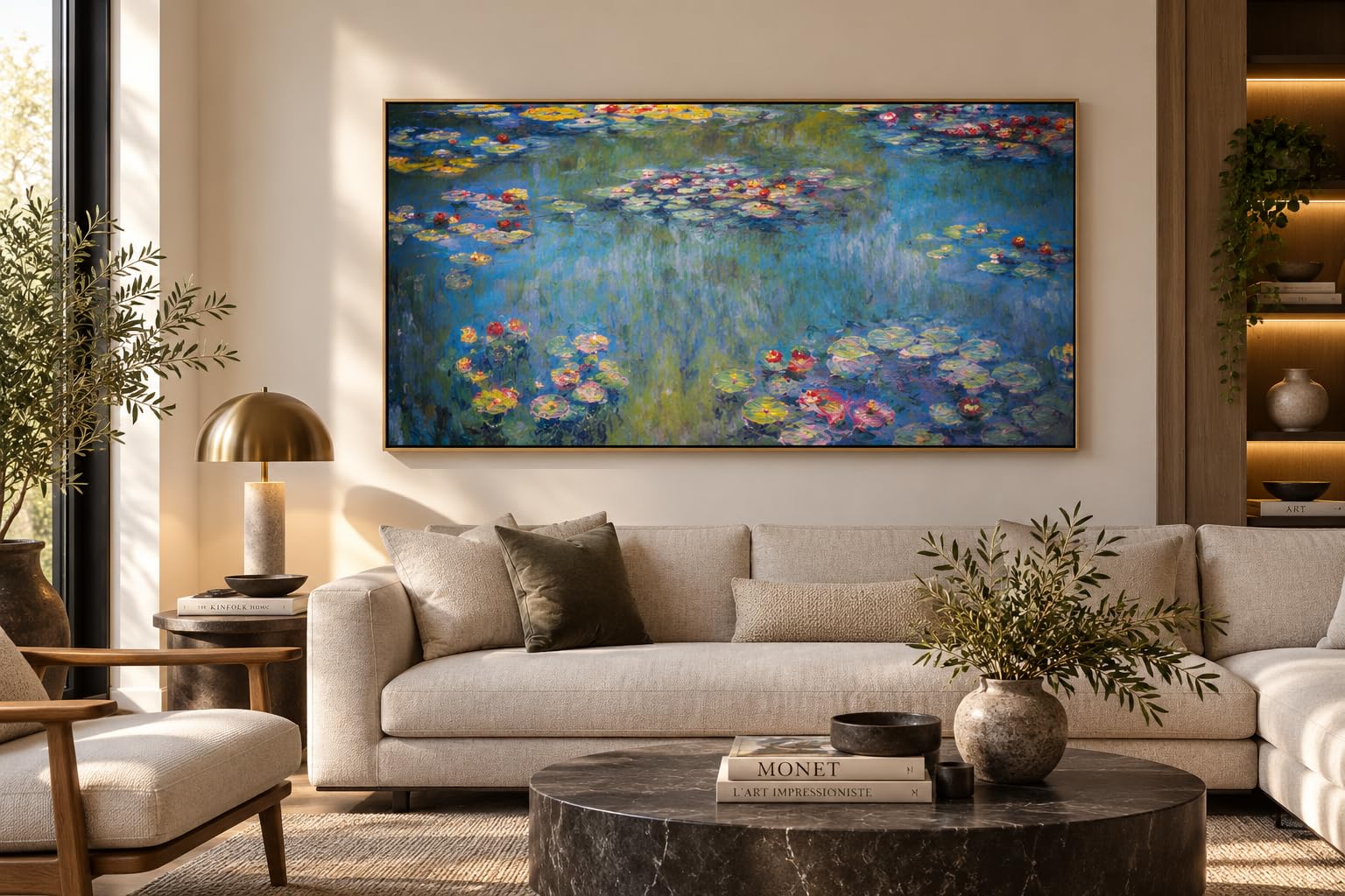 ShopArt – Cuadro efecto pinceladas – Claude Monet La Cuenca de los Nenúfares – Impresión Fine Art sobre lienzo de alta definición listo para colgar (50 x 100 cm)
