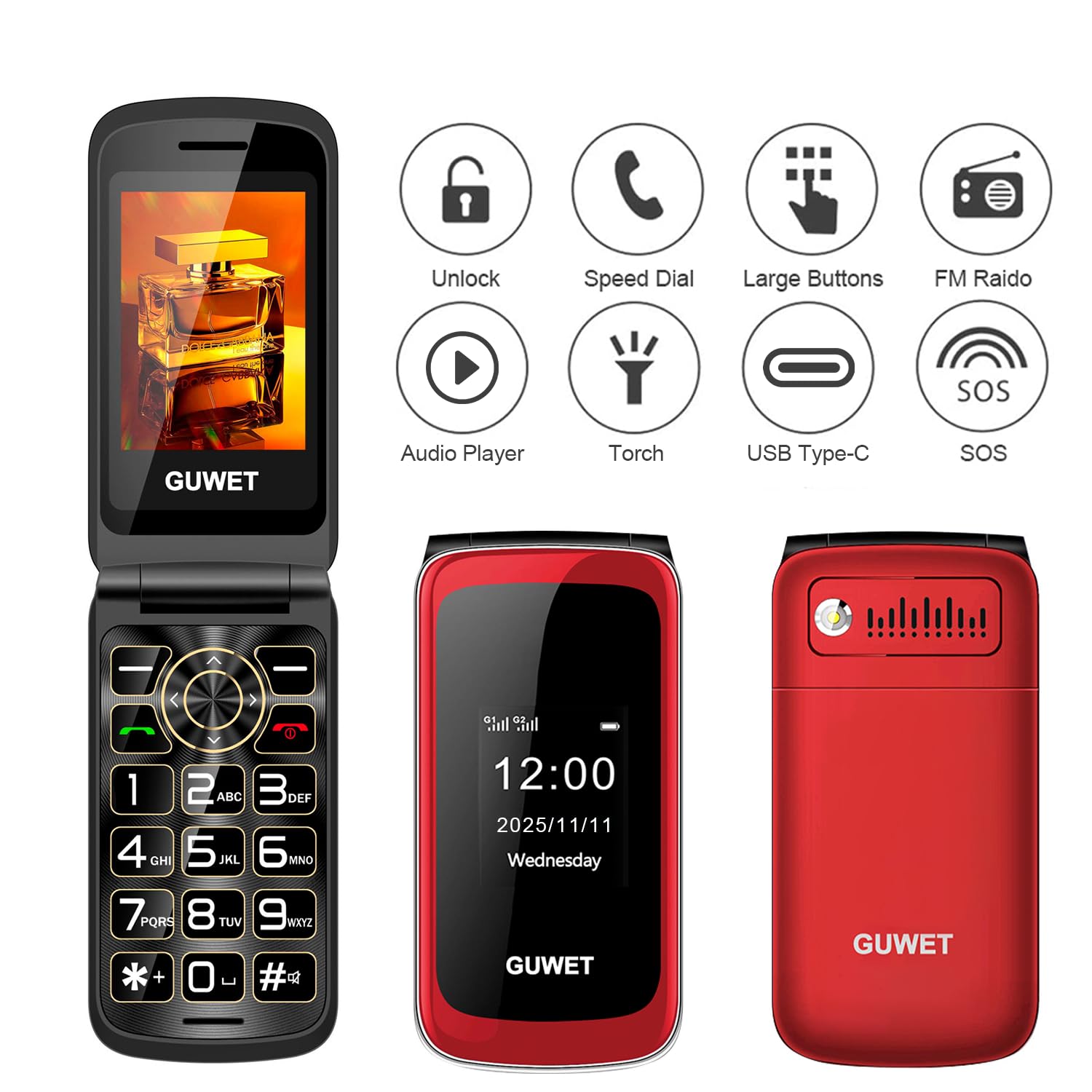 2G Seniorenhandy Klapphandy ohne Vertrag, Rentner Handy Großen Tasten, SOS Notruffunktion, 1600 mAh Akku, 2.4"+1.77" Dual Display, Dual SIM mit Notruftaste, Rot