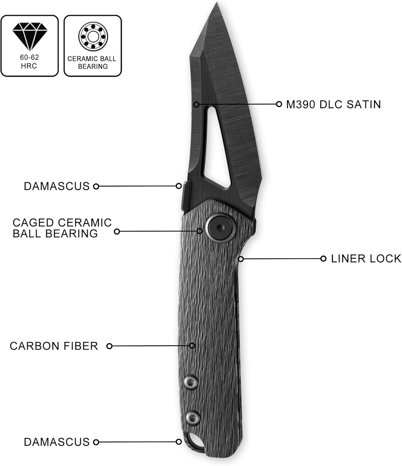 Denka Thumb Stud Knife,2.6" M390 Steel DCL Satin Blade,3.35" Carbon Fiber Handle with Liner Lock Folding Knife,2.48oz EDC Pocket Knives with Knife Sheath (DLC & Carbon Fiber)