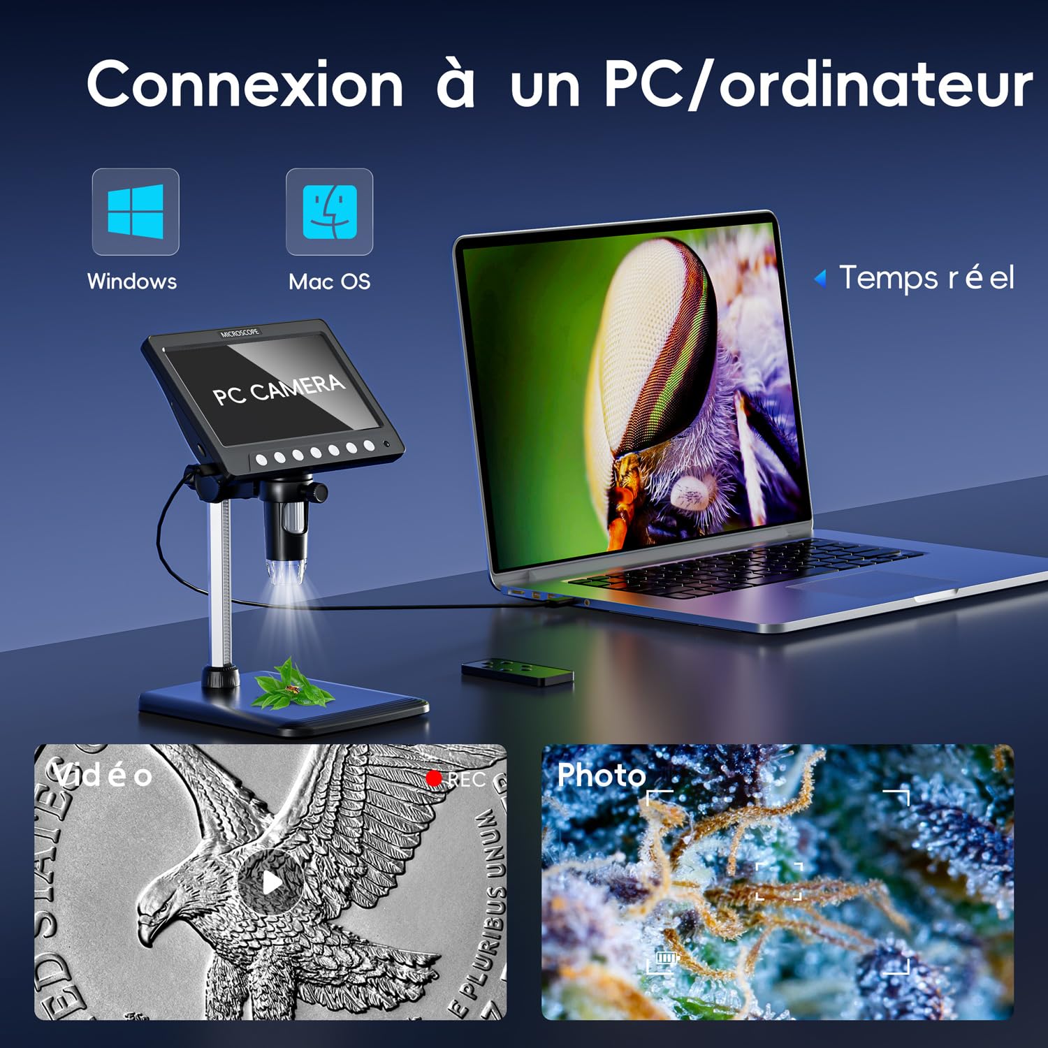 Microscopio CIMELR, microscopio Digital de 7 Pulgadas, resolución de 50X-1200X, con 8 Luces LED Ajustables, microscopio para Adultos, Tarjeta TF de 32 GB (Negro)