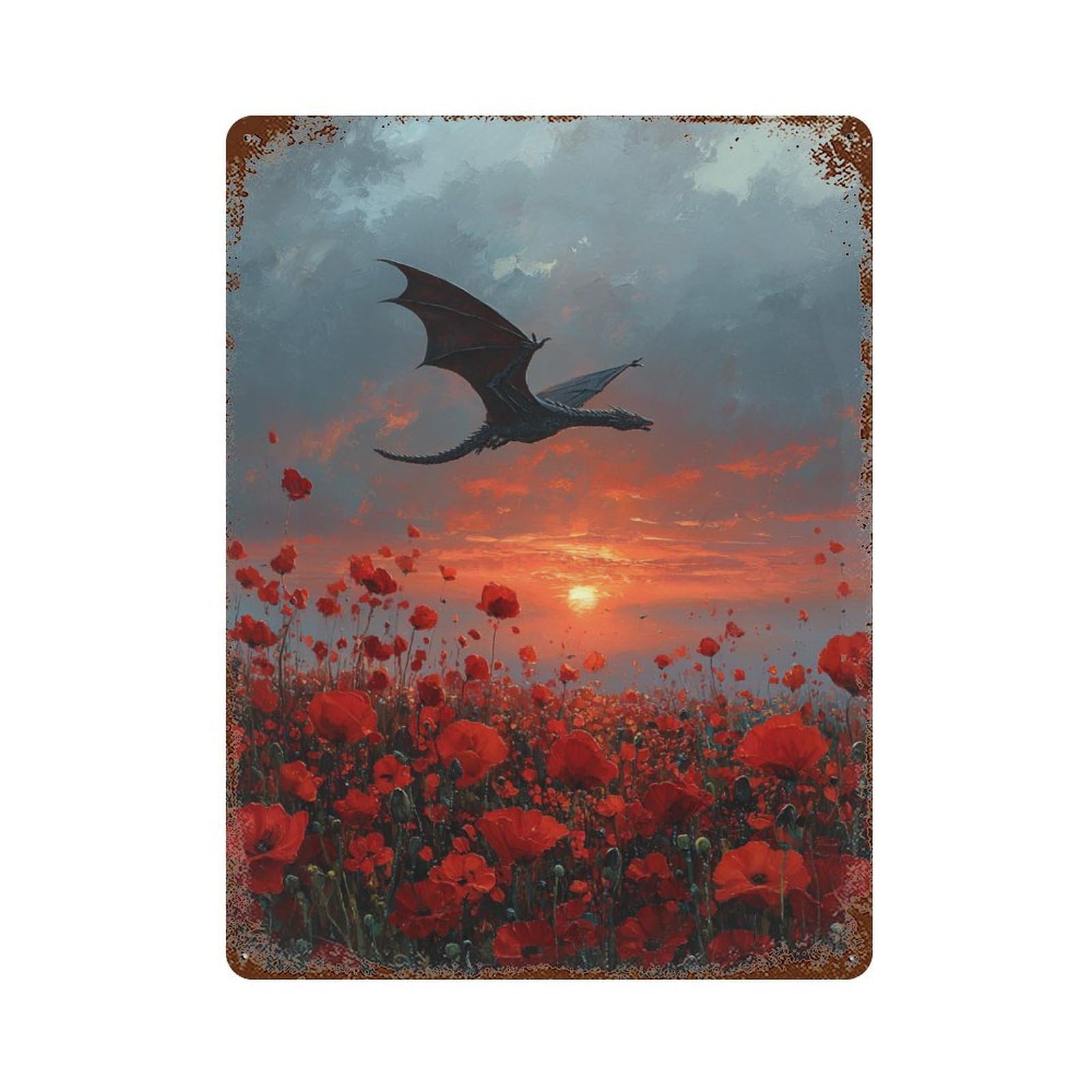 Dragon Over Poppy Field Aged Metal Wall Plaque 15.7"x11.8", Rustic Home Decor for Garage, Pub Or Kitchen