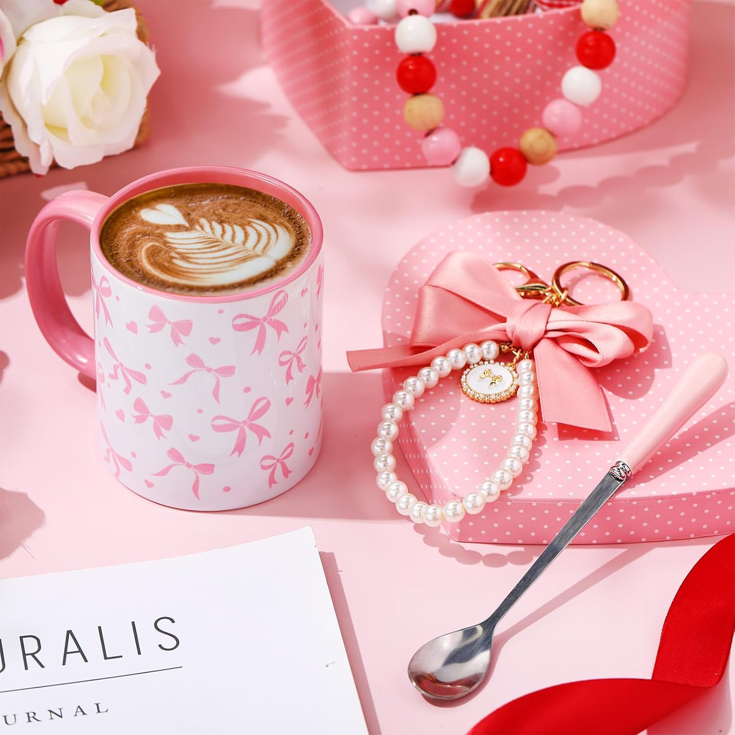 Sliner Pink Bow Coffee Mug Coquette Bow Cup for Women Wedding Bridal Shower Birthday Gift Set Engagement Gift Ideas 11oz Aesthetic Ceramic Cup with Keychain and Spoon Preppy Mug