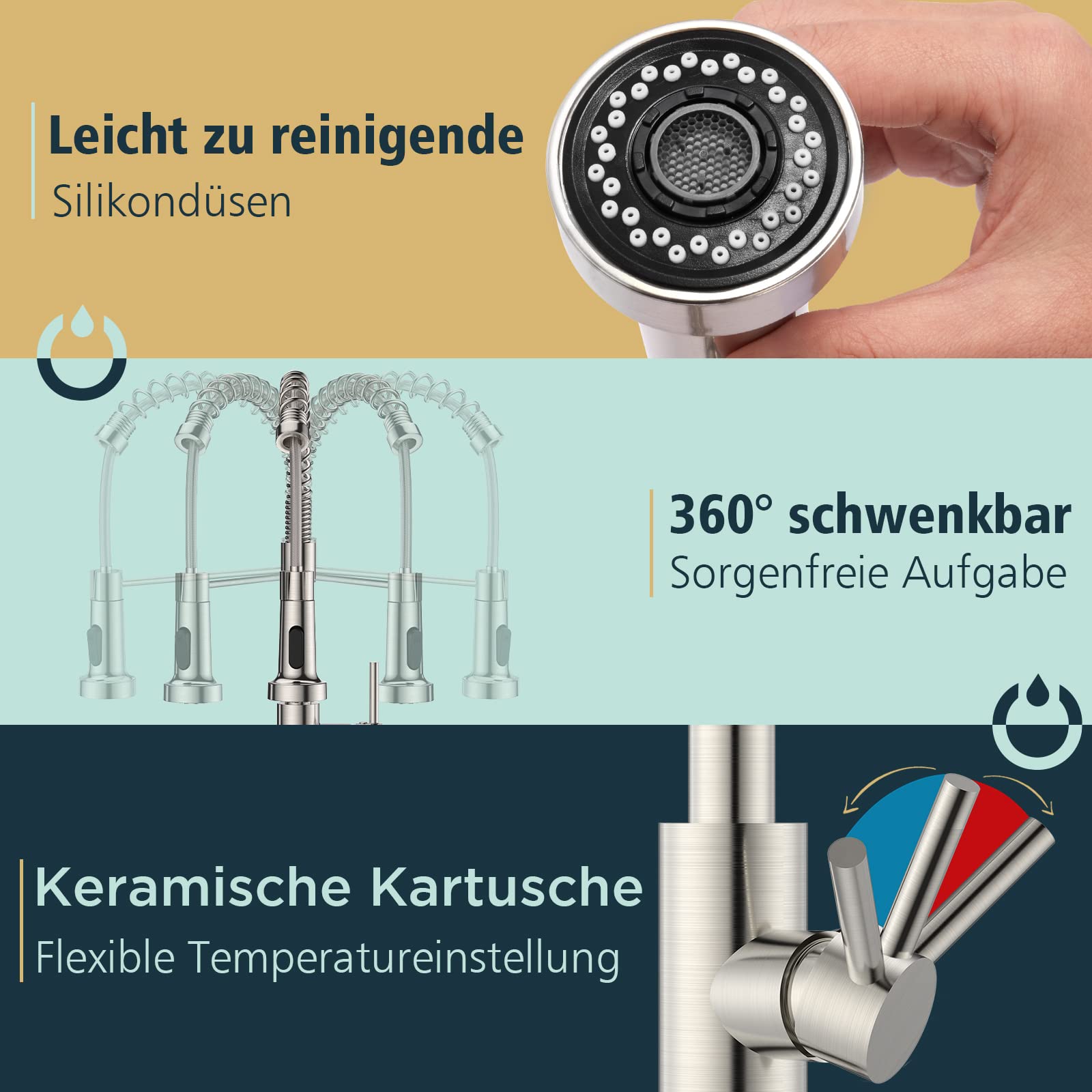 FORIOUS Wasserhahn Küche, Hoher Bogen Hochdruck Küchenarmatur mit Herunterziehen Brause Armatur, Mischbatterie Spültischarmatur Küchenarmaturen, 360° Schwenkbar Zwei Sprühfunktionen, Edelstahl