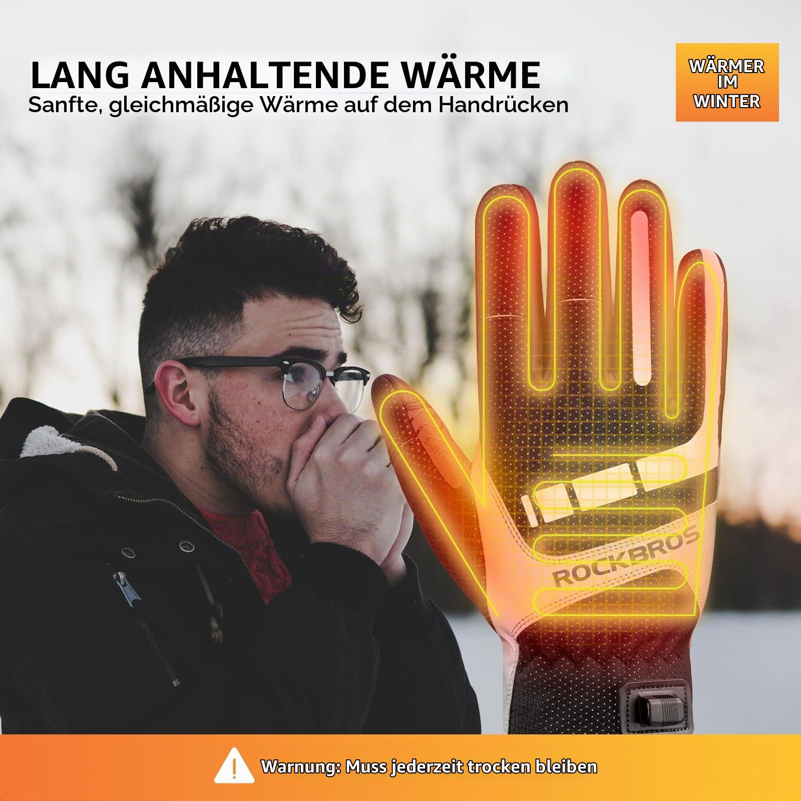 ROCKBROS Beheizbare Handschuhe über USB, Fahrradhandschuhe reflektierend und stoßdämpfend, Winterhandschuhe mit Touchfunktion für Damen und Herren, ideal für Radfahren, Wandern, Büro und Außenbereich