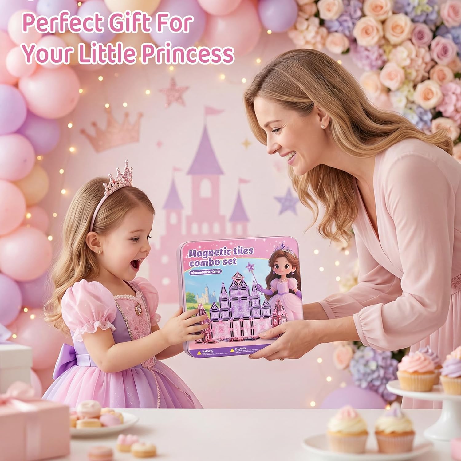 Magnetic Tiles Girls Travel Toy: 42 PCS Pink Glitter Building Blocks Castle Tin Box - 120 Mins Quiet Play 60s Cleanup - Toddler Kids Gift Age 3 4 5 6