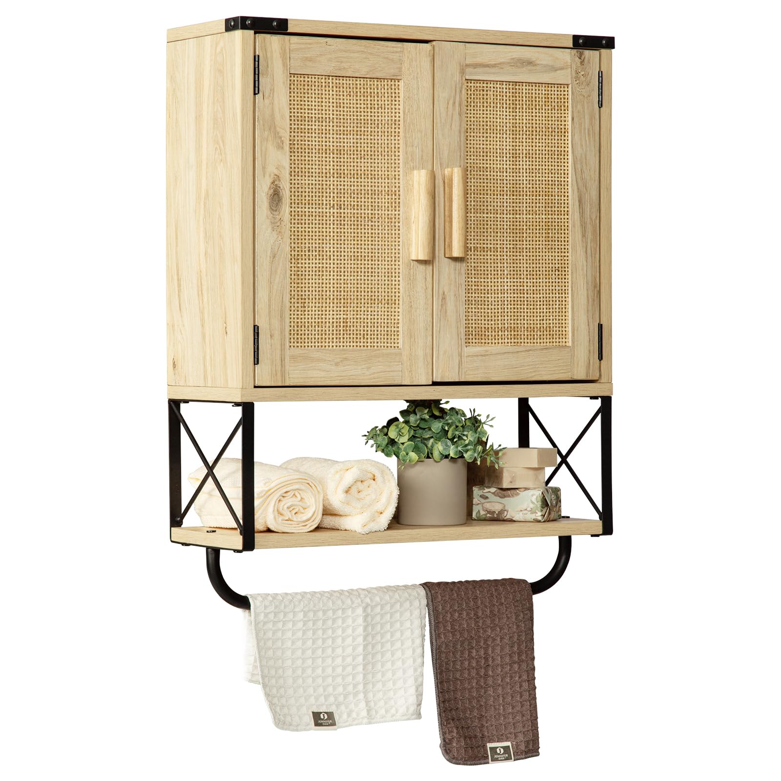 RUSTOWN Rattan Bathroom Wall Cabinet with Two Doors, Boho Wood Wall Mounted Medicine Cabinet Storage Organizer with Adjustable Shelves & Towel Bar, 3-Tier Farmhouse Cabinet for Bathroom(Medium)