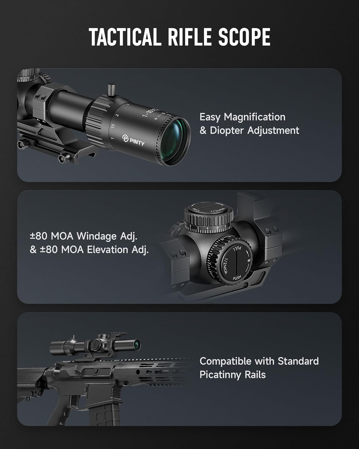 PINTY FFP LPVO Rifle Scope 1-6x/1-8x/1-10x with Red & Green Illuminated Reticle, Self-Locking Turrets & Cantilever Mount for Picatinny Rail