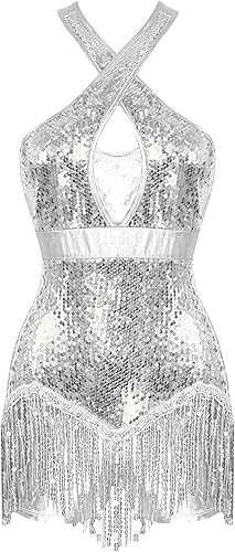 Miniatura 3 de iiniim Leotardo de jazz con lentejuelas para mujer, con flecos, borla para baile latino, ropa de baile