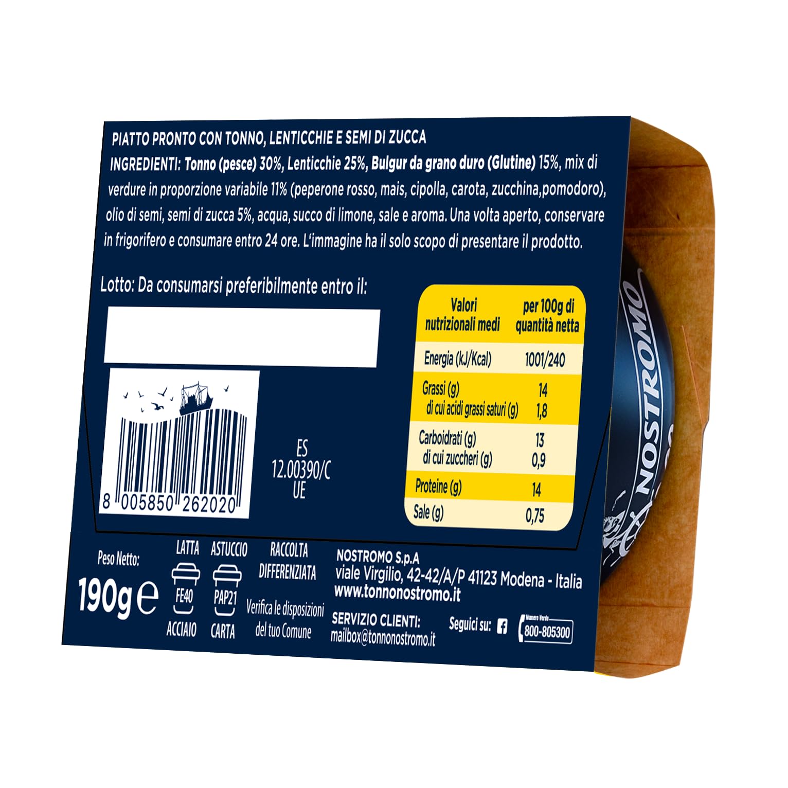 Nostromo - Mix&Go VITAL PRO+ Tonno con Lenticchie, Bulgur, Verdure e Semi di Zucca – Piatto Pronto Equilibrato, Ricco di Fibre e Proteine – 12 Confezioni da 190g