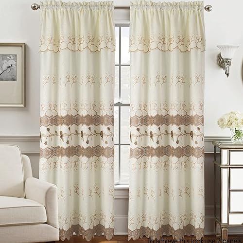 Malaika - Panel de ventana de macramé jacquard bordado con cenefa adjunta, con enredaderas y rosas con hojas, parte inferior bordada festoneada,