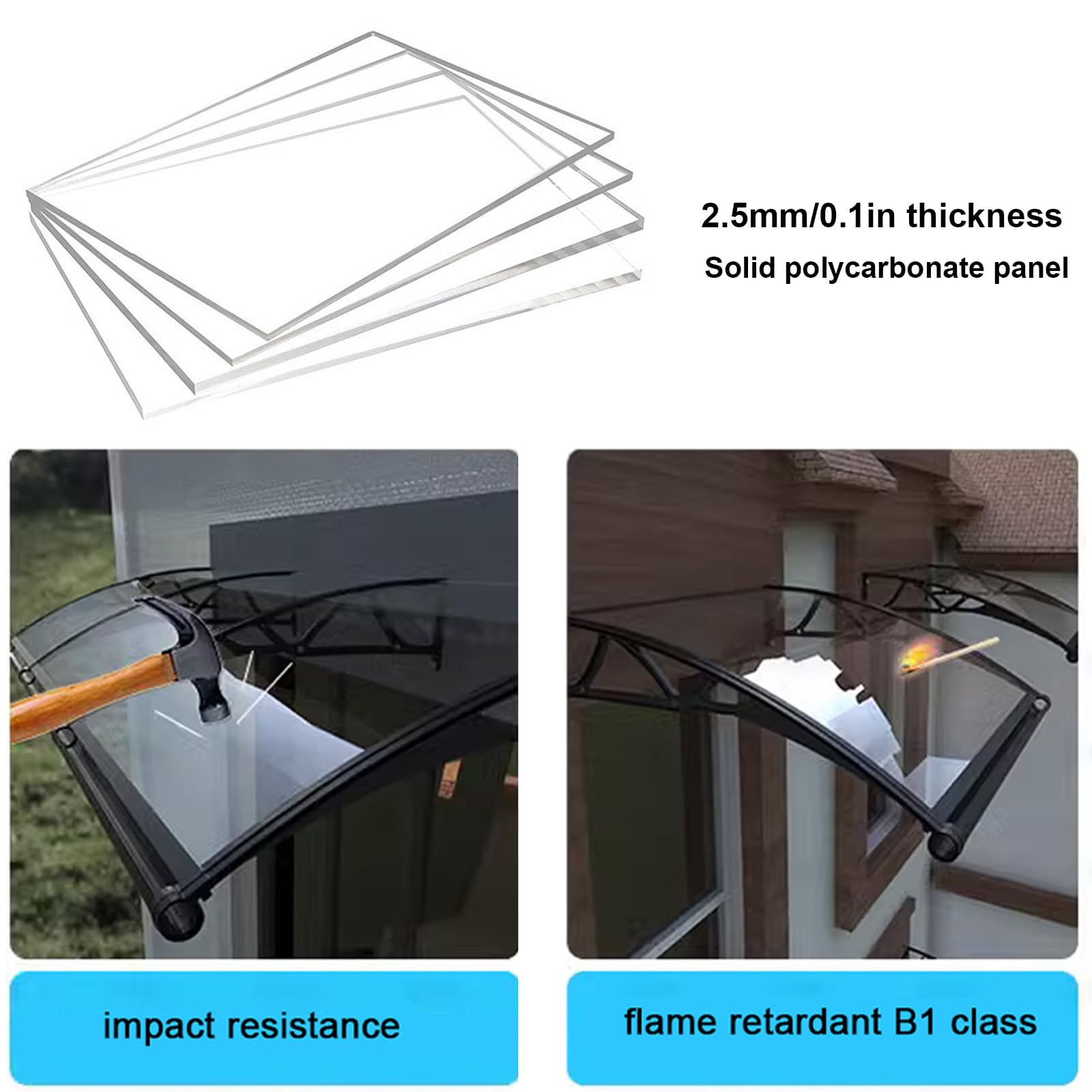 Vordach Überdachung für Haustür - Pultbogenvordach aus Aluminium und Polycarbonat Transparent, 99% UV-Schutz Regenschutz für Eingangstür (120x70cm/47x28)
