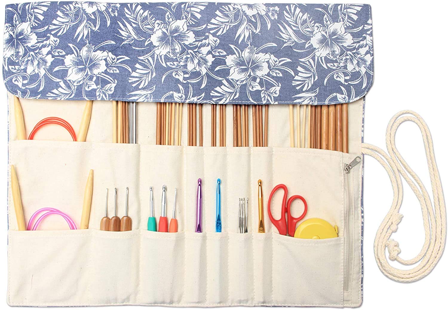 Teamoy Flowers Knitting Needle Wrap For Knitting Needles (Up To 14-Inch/35.5Cm), Crochet Hooks Circular Knitting Needles Storage Case With Slots, (Accessories Not Included)