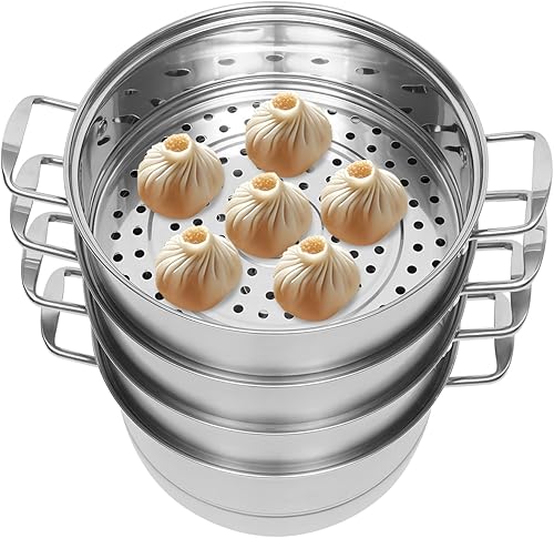 Olla vaporera de acero inoxidable 304 de 5 niveles, olla de vapor de cocina de gran capacidad con tapa visual, 3 compartimentos al vapor, 2