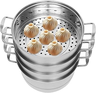 5 Tiers 304 Stainless Steel Steamer Pot, Large Capacity Kitchen Steamer Cooker with Visual Lid, 3 Steamed Compartments, 2 Steamed Slices, for Steaming Steamed Buns, and Boiling Noodles, Soup