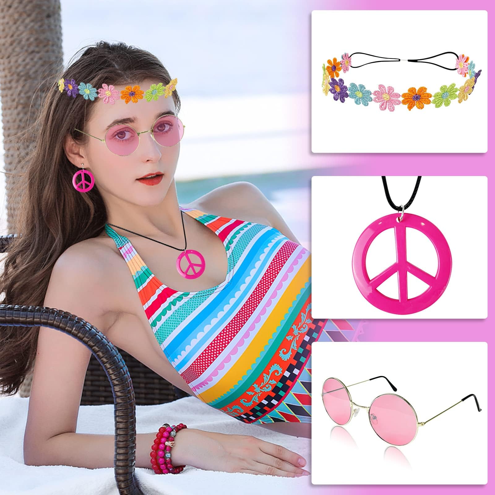 Hippie Kostüm Accessoires,4 Stück Hippie Accessoires,Hippie Kostüm Zubehör,Hippie Kostüm Set mit Sonnenbrille Friedenszeichen Halskette Ohrringe Stirnband,Hippie Schmuck für Party Fasching Karneval