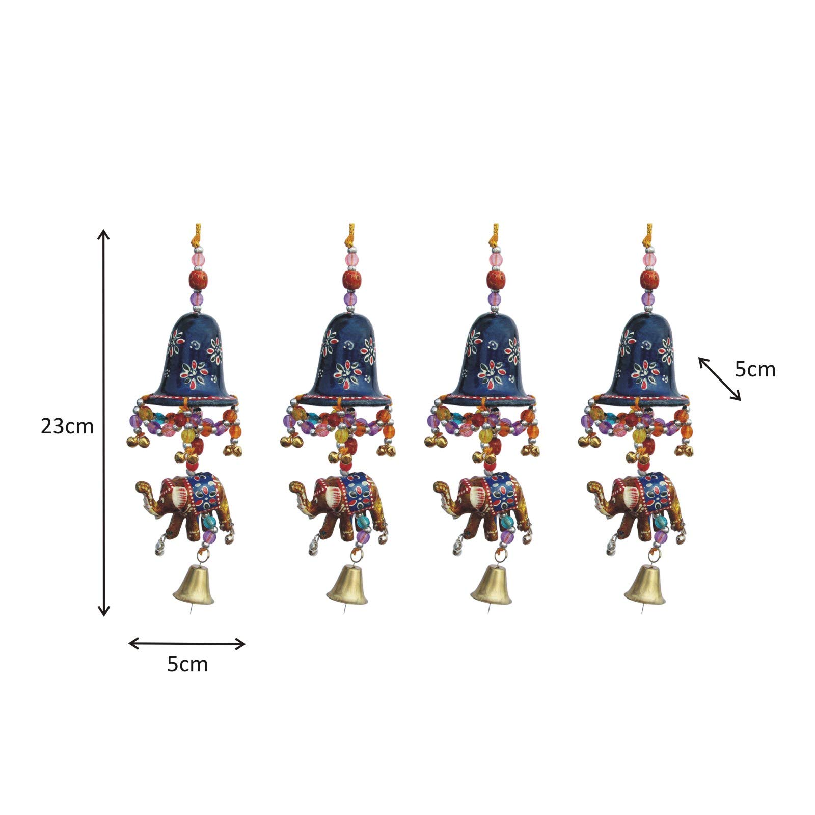 Handicrafts Paradise Jhalar Elephant with Metal Bell Paper Mache Door Hanging (5.1 cm x 5.1 cm x 22.95 cm, Set of 4) 1