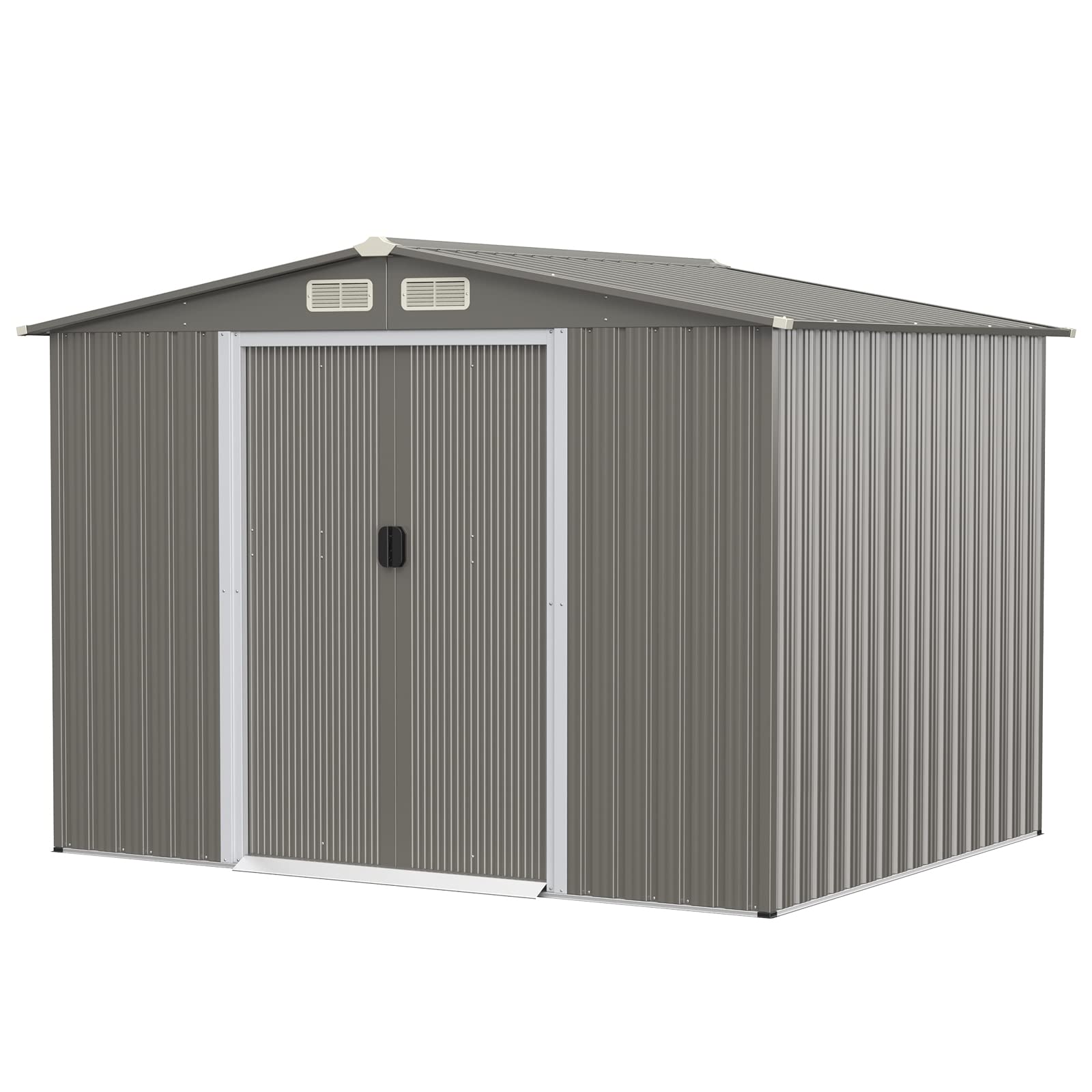 COSTWAY Casetta da Giardino 4,74㎡, Capanno da Esterno in Lamiera Acciaio Zincato Resistente alle Intemperie con 4 Feritoie, Doppie Porte e Rampa, 260 x 207 x 181 cm (Grigio chiaro)