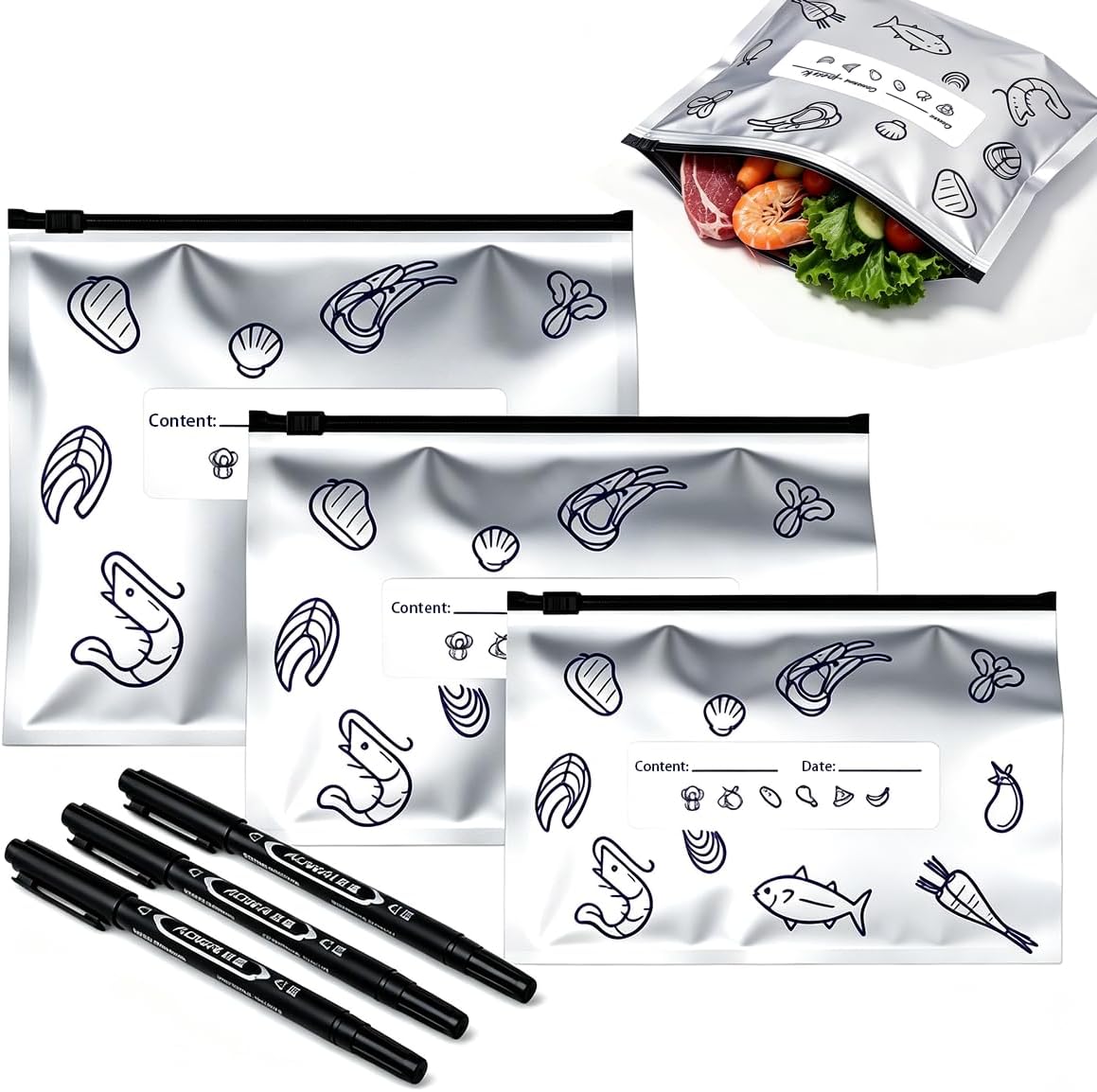 30PCS Aluminum Foil Storage Bags, 3 Sizes Aluminum Foil Bags for Freezer, Reusable Freezer Bags with Zip Lock, Stand Up Foil Pouches with Label for Vegetable Fruit Meat and Snacks