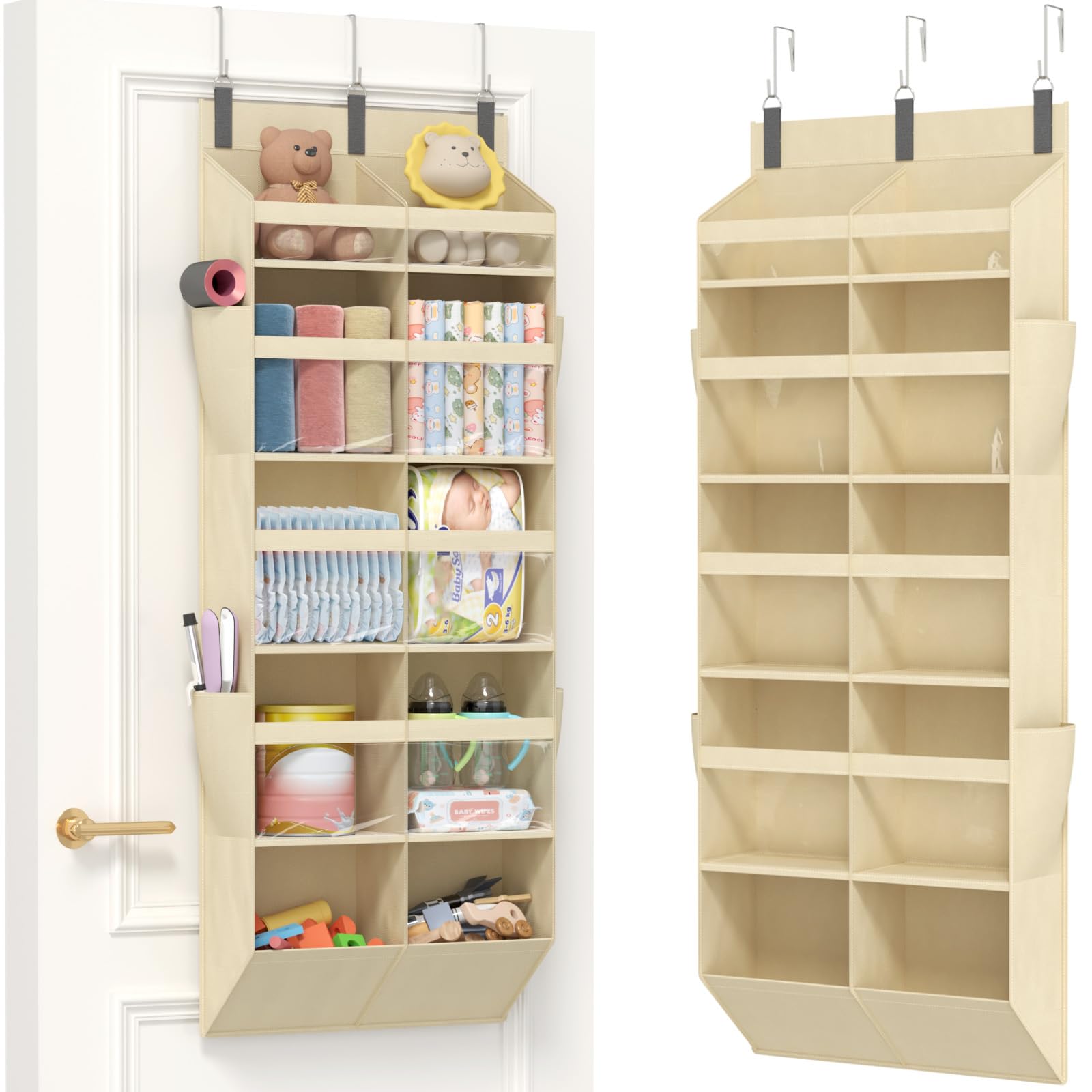 Lifewit Over the Door Storage, Clear Hanging Organiser with 4 Side Pockets, Anti Tilt 40 lbs Load Behind Door for Dorm, University Essentials, Room, Bedroom, Nursery, 1Pack, 10 Section, Beige