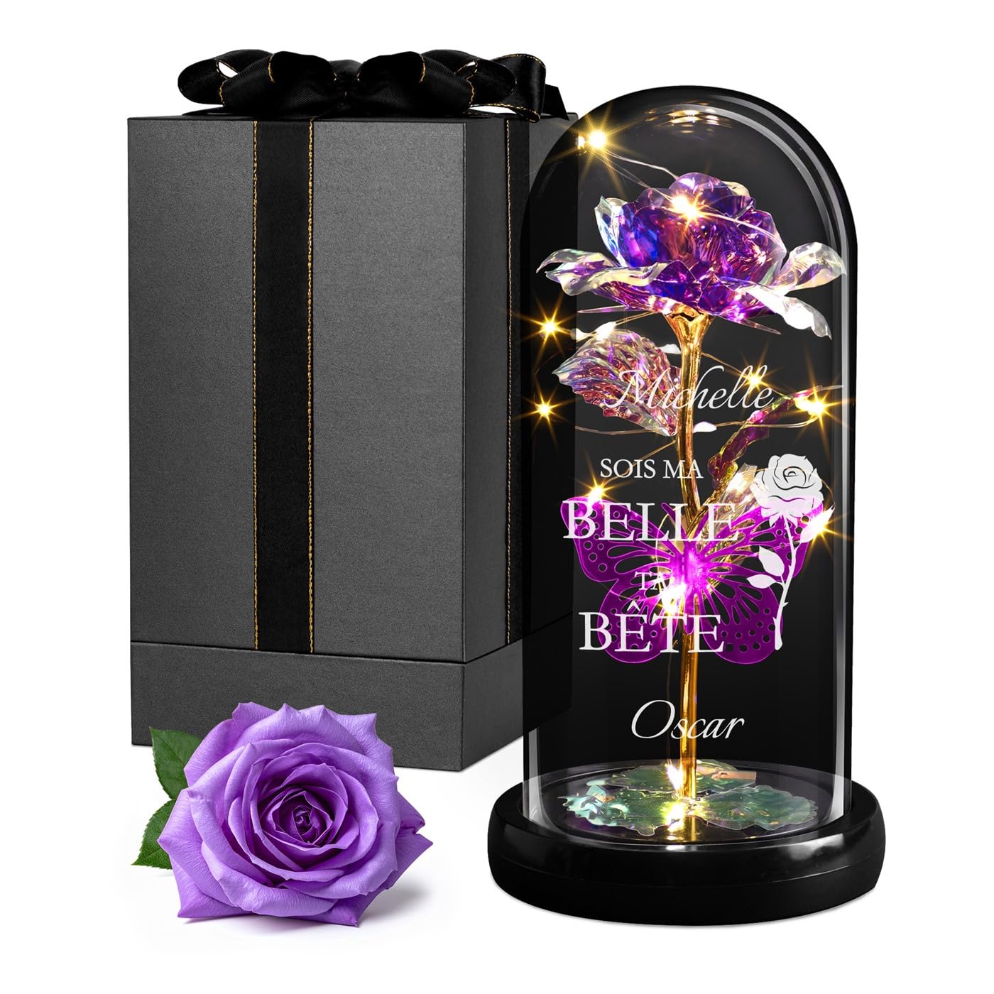 Maverton Rose Eternelle sous Cloche en Verre avec Personnalisation - Fleur Eternelle Cadeau Personnalisé 21x11 avec Lumière LED - Idee Cadeau Femme Anniversaire pour Elle Maman Mamie - Belle et Bête