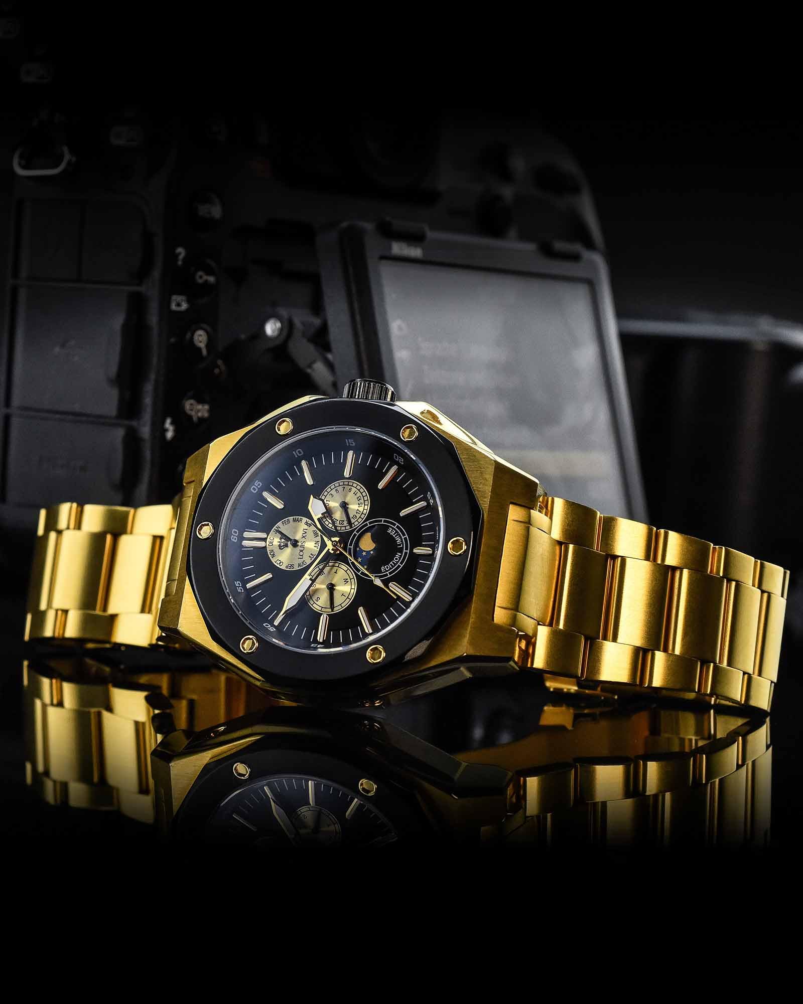 LOUIS XVI Herren-Armbanduhr Le Souverain Stahlband Gold Schwarz Mondphase Analog Quarz Edelstahl 626
