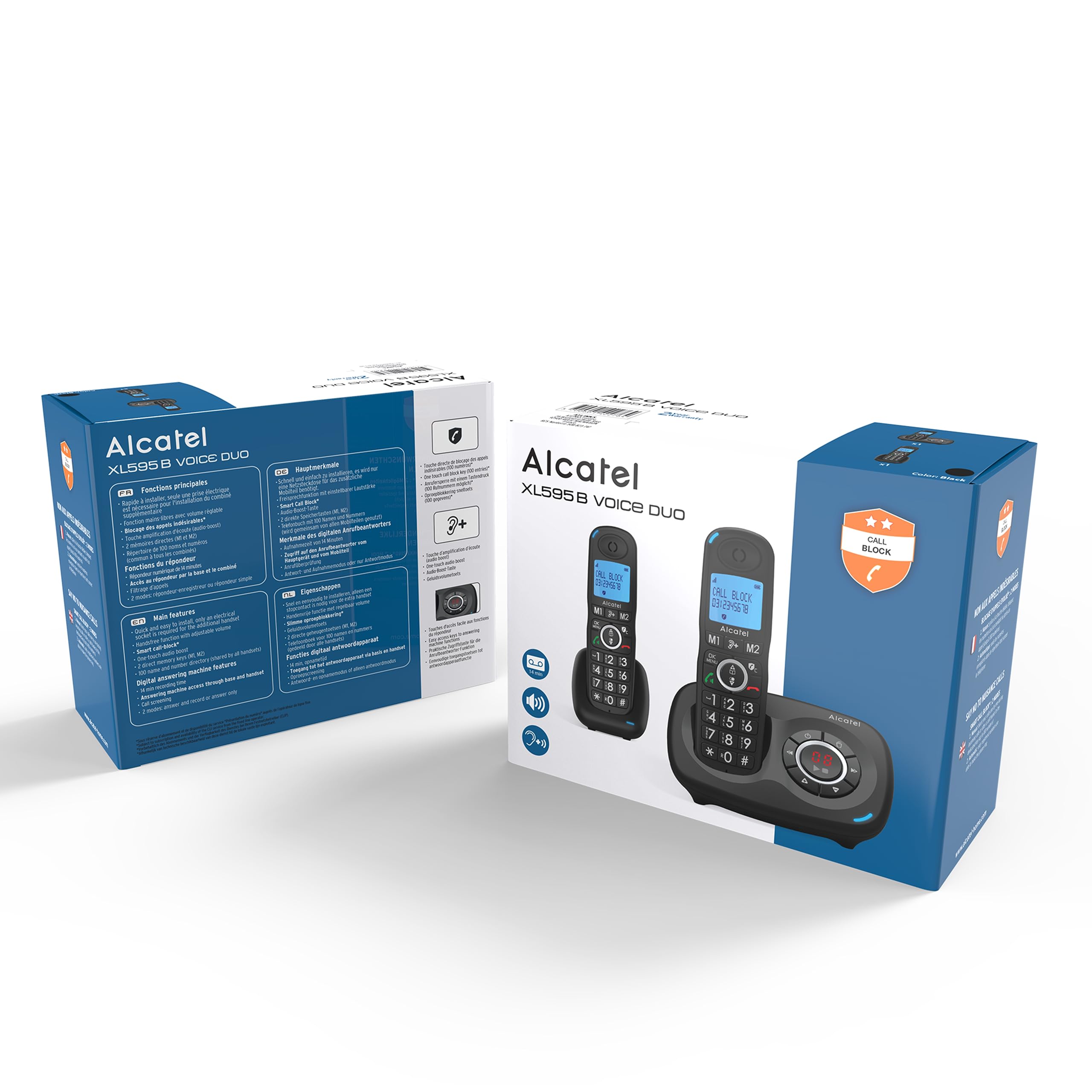 Alcatel XL595 B Voice Duo, telefono senza fili segreteria telefonica con 2 combinatori, grande schermo, audio-boost, funzione blocco chiamate