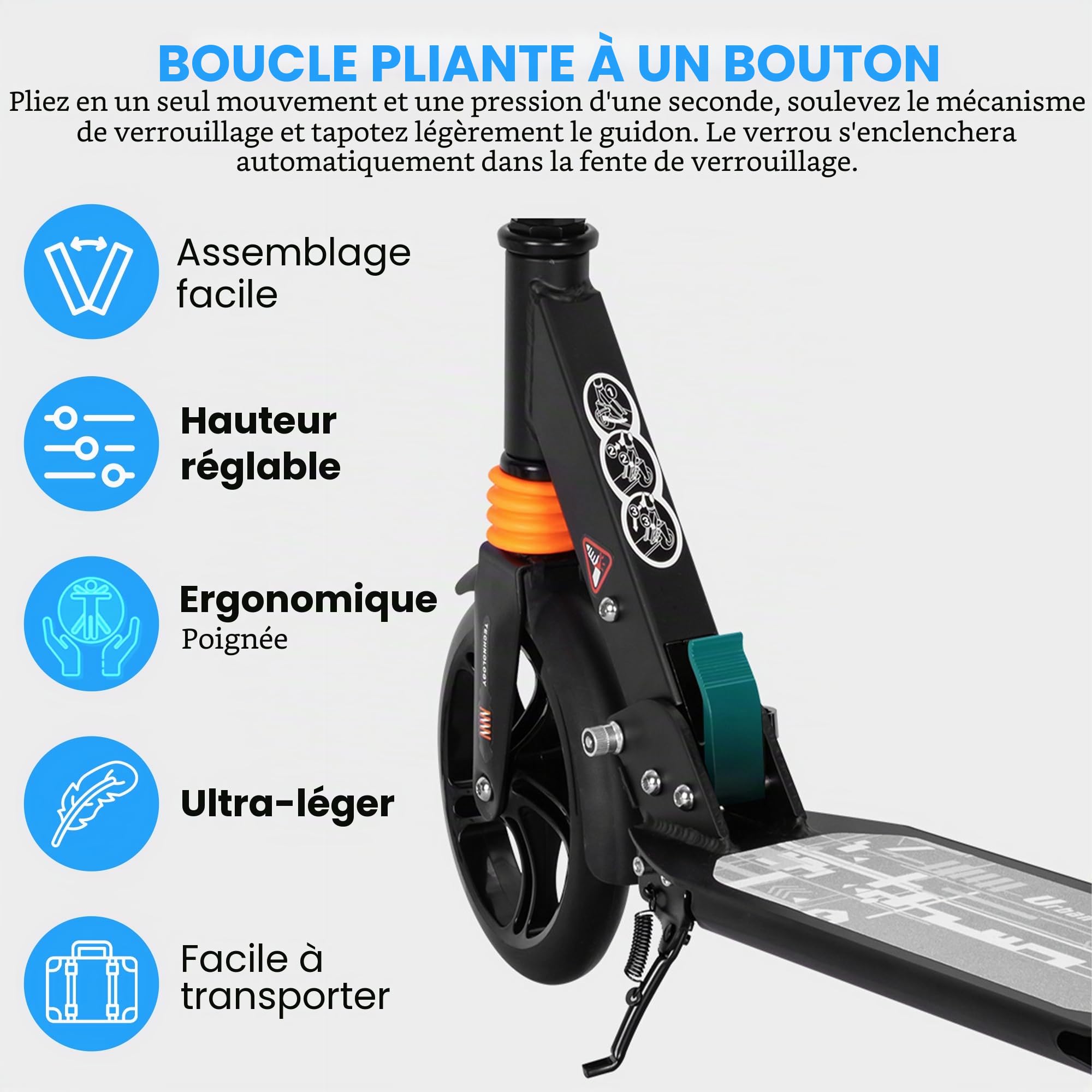 Habib Gruppe Trottinette de ville pour adulte - En aluminium - Pliable - 200 mm - Grandes roues - Double suspension - Hauteur réglable - Frein à main réglable - Charge maximale : 100 kg - À partir de