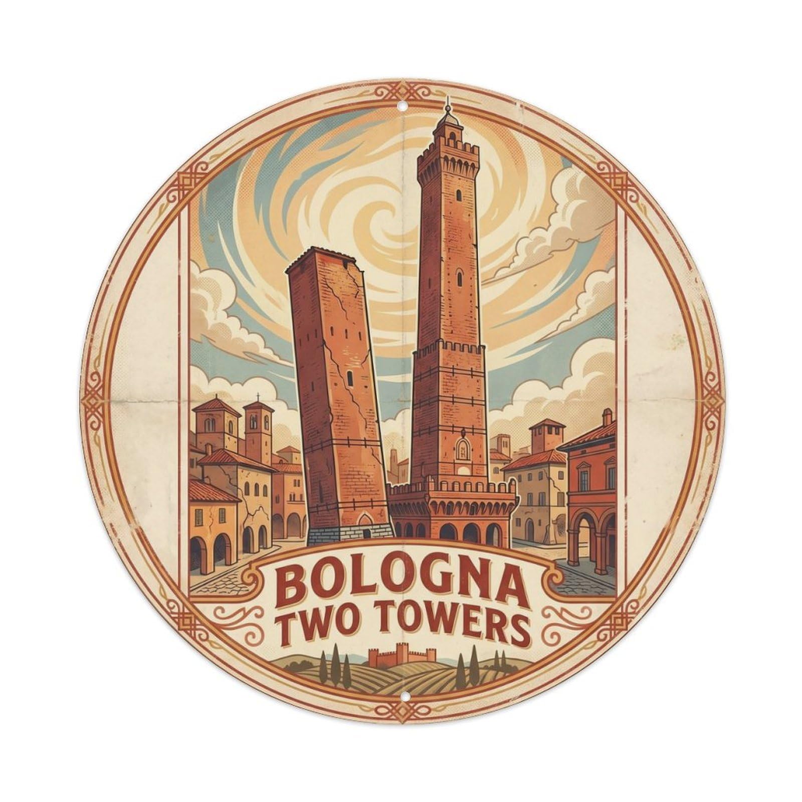 Retro Bologna Italy Towers City Landmark Travel Metal Tin Sign