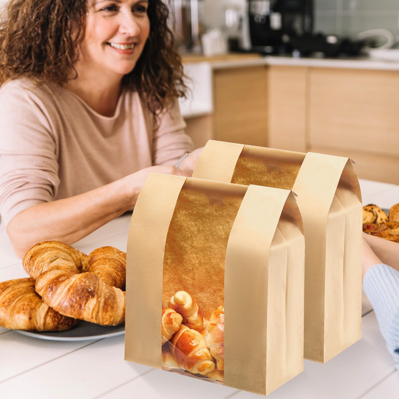 Paquete de 60 bolsas grandes de papel kraft para pan con cierre de pestaña de estaño, para bolsas de pan caseras de 14 x 8.3 x 3.5 pulgadas, bolsas de pan de masa madre con ventana frontal