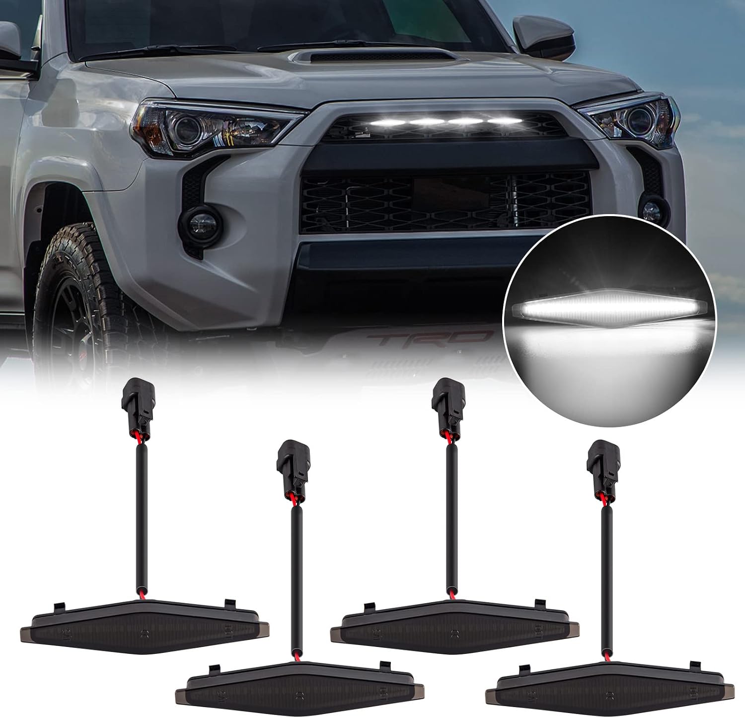 4PCS Led White Grille Lights for 2014-2023 Toyota 4Runner TRD Pro Raptor Front Upper Grille Parking DRL Running Lamp Kit with Wiring Harness Smoked Len
