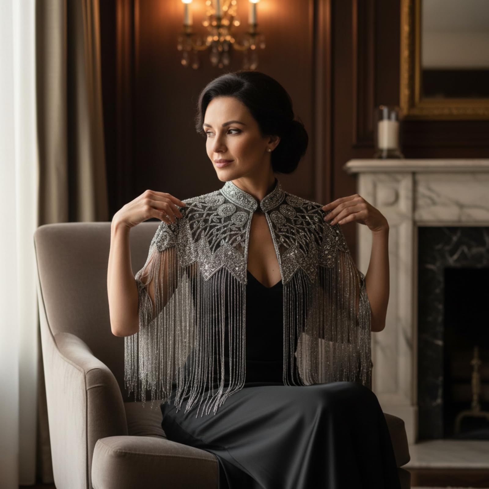 Scialle Donna Mantella Coprispalle con Ricamo a Fiori E Frange Dinamiche Tulle Trasparente E Taglio Elegante Adatto per Cerimonie Matrimoni Feste