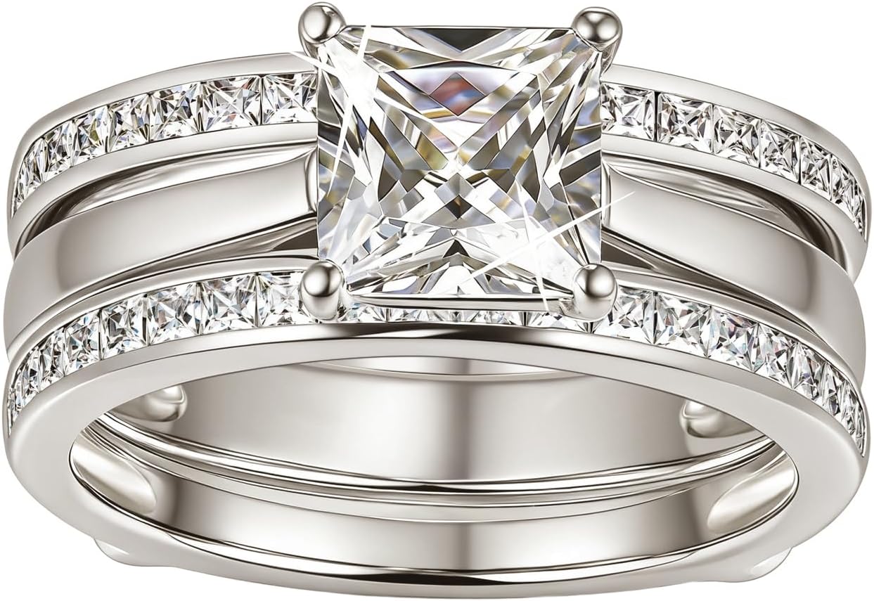 Wuziwen Princess Bridal Ring Set for Women Wedding Band Guard Enhancers CZ Sterling Silver Size 4-13