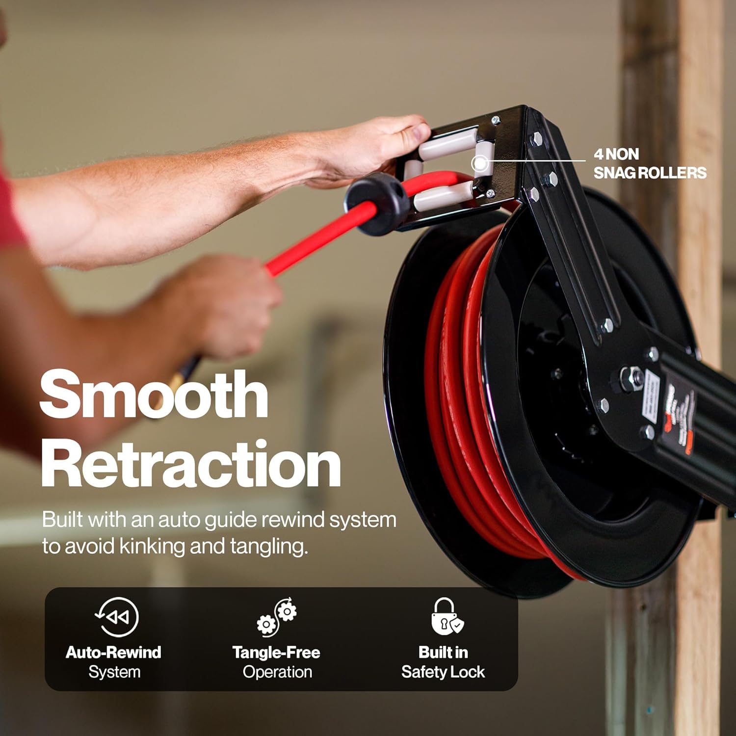 ReelWorks Air Hose Reel 3/8" Inch x 50' Foot SBR Rubber Hose Max 300PSI Commercial Steel Construction
