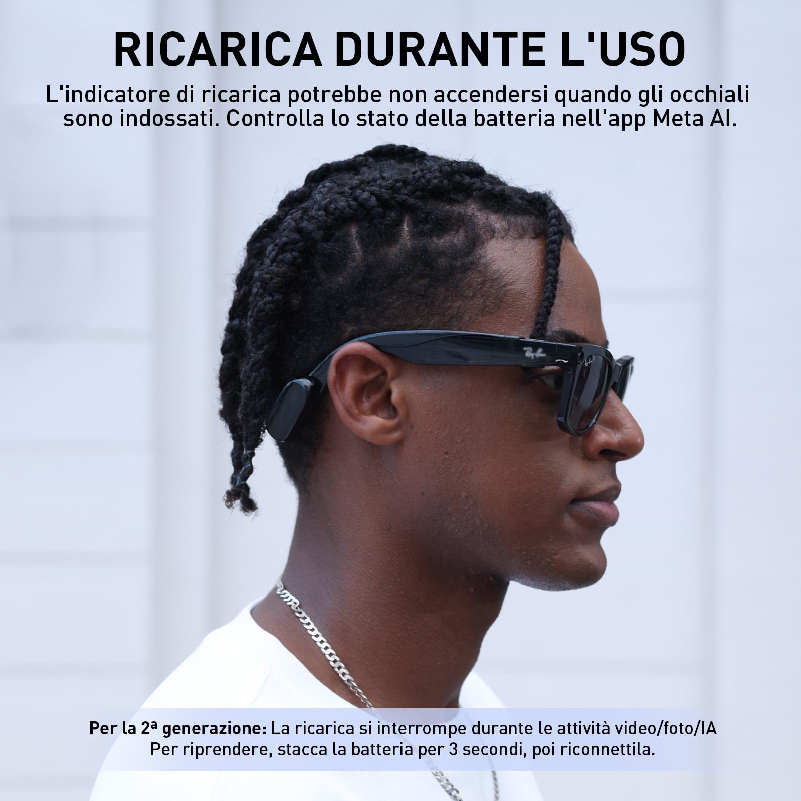 PRISMXR Set di ricarica Carina C1 compatibile con Occhiali Ray-Ban Meta, include cavo di ricarica magnetico & batterie sostituibili (+12h di autonomia) (Per Wayfarer - Regular)