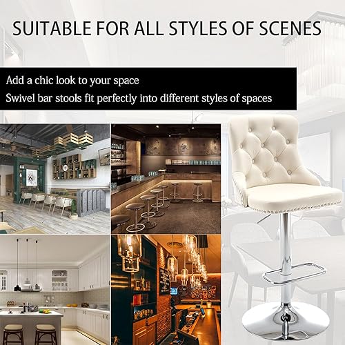 Miniatura 7 de Juego de 2 taburetes de bar de terciopelo, taburetes de bar con altura de mostrador con ribete de cabezas de clavos, anillo de tracción, taburetes