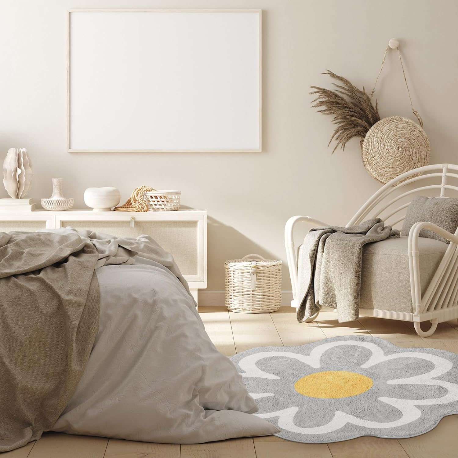 Tinideya Aesthetic Cute Flower Round Area Rug Non Slip Circle Soft Fluffy Flower Rug Indoor Floor Mat Carpet for Girls Bedroom Bathroom Living Room Sofa Nursery Decor(Grey, 4 ft)