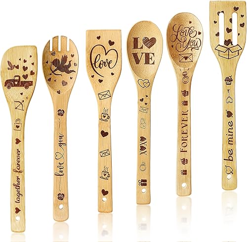 Juego de 6 cucharas para el día de San Valentín, cucharas de cocina de madera de bambú, cucharas de regalo para el día de San Valentín, cucharas