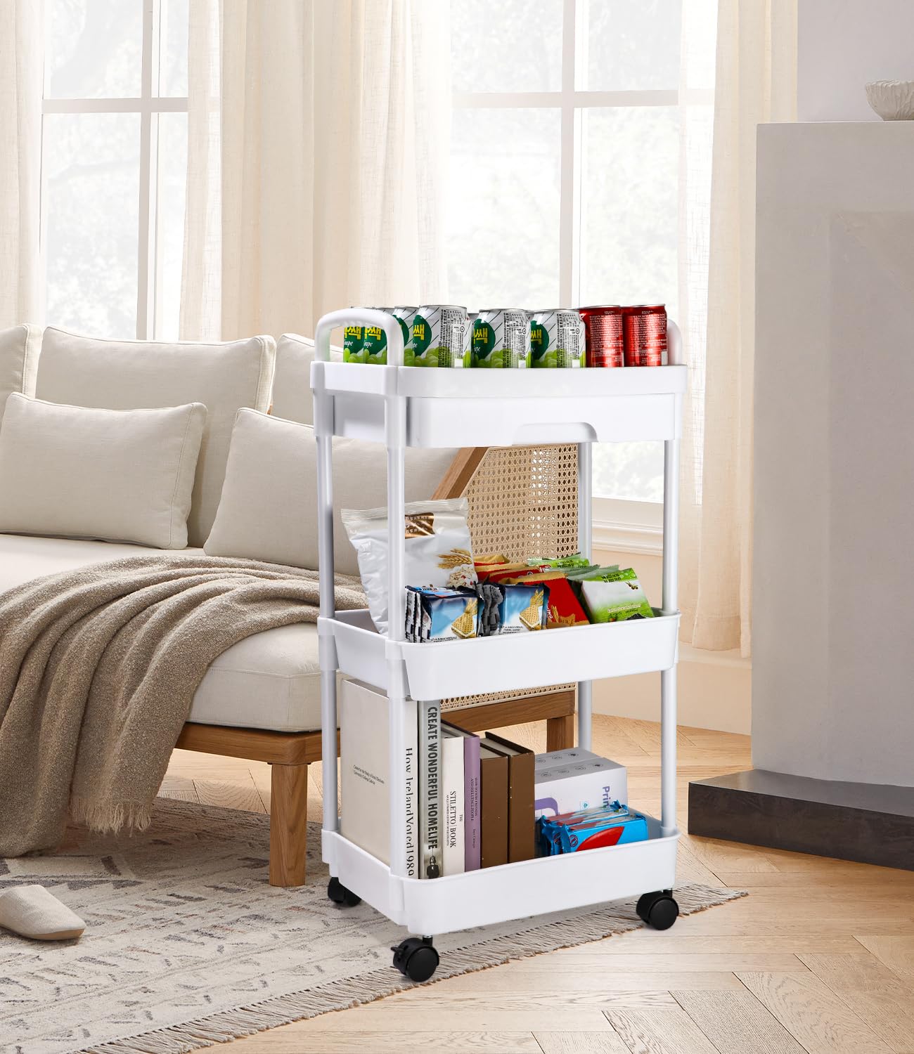 Carrello con Ruote Portatutto Cucina con Cassetto, Carrello Portaoggetti Multifunzionale con Maniglia, Gancio, Ruote Bloccabili, Carrellino per auto di Facile Montaggio per Bagno, Bianco