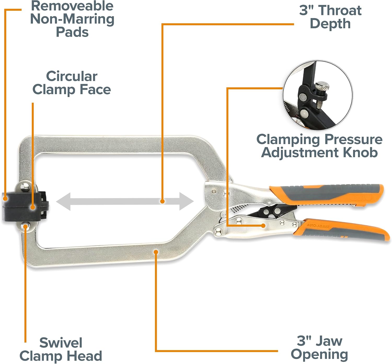BORA Auto Adjust 6 inch Locking Vise Grip Clamp with Swivel Pads - Heavy Duty Multi Purpose Welding Clamps with Comfortable Grips Perfect C Clamp for Woodworking, Welding, and Metalworking