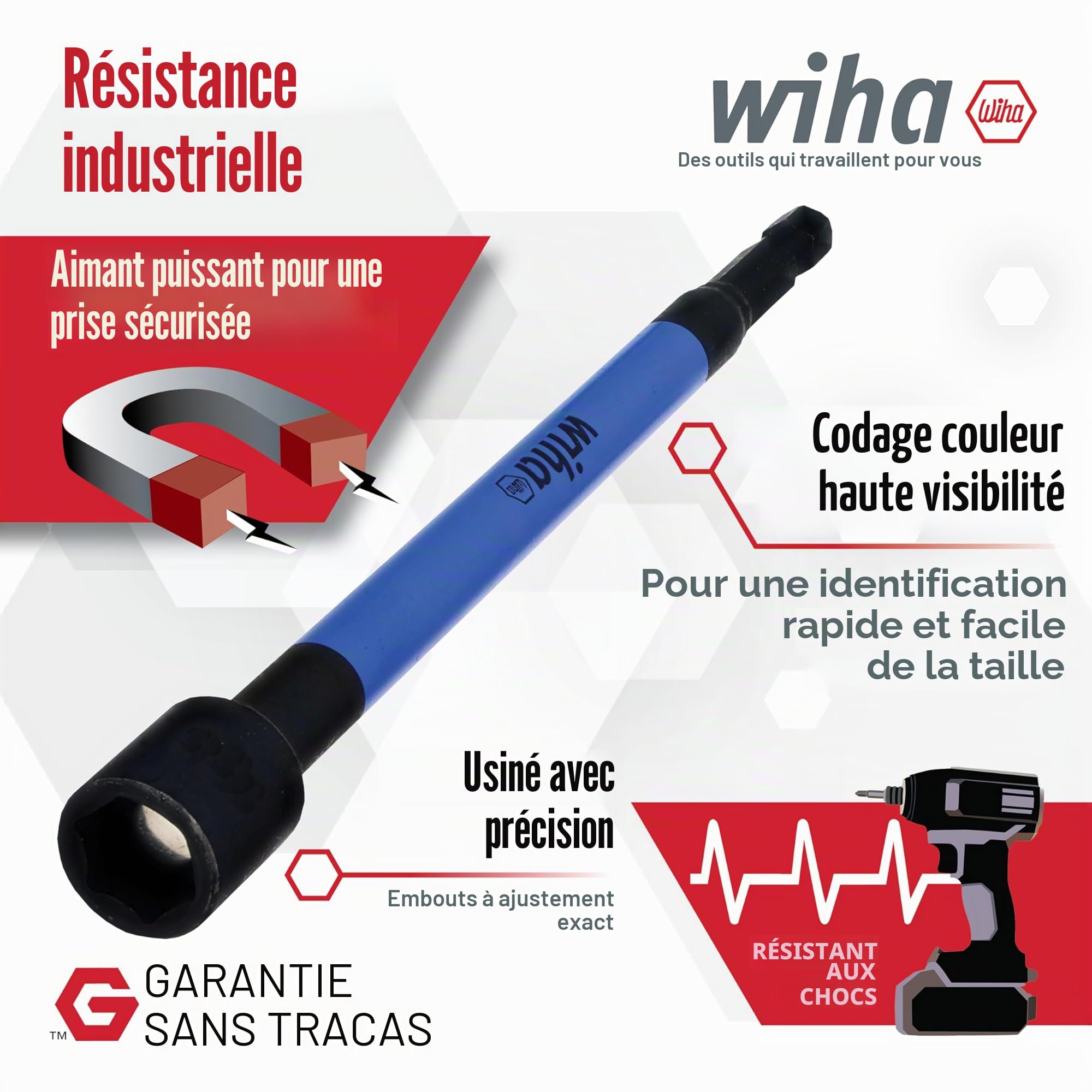 Wiha Lot de 6 écrous magnétiques à code couleur - 70487 taille unique